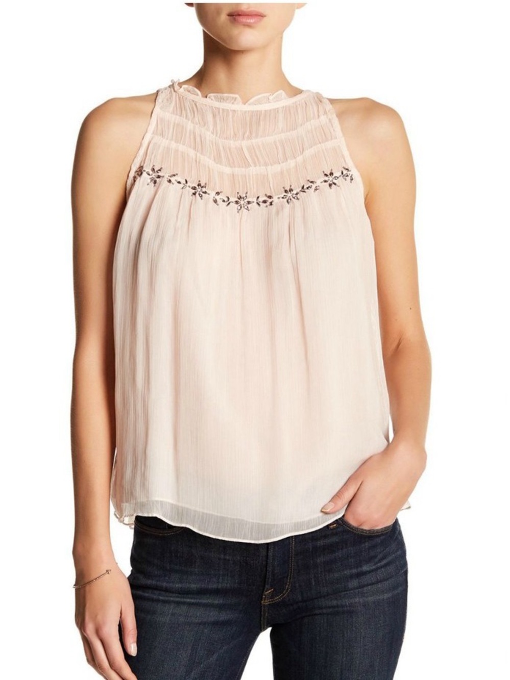 Parker Women Ruffle Yoke Beaded Detail Keyhole Back Sleeveless Blouse - Worn 1x